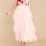 Midnight Garden Embroidered Floral Applique One Shoulder Tiered Tulle Midi Dress