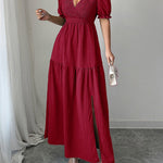 Half Sleeves High Waisted Pleated Solid Color Split-Front V-Neck Maxi Dresses