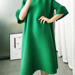 A-line Flared Sleeves Pleated Solid Color Round-neck Maxi Dresses Midi Dresses