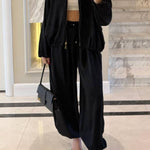 Loose-fitting Zippered Jacket with Lantern Sleeves + High-Waisted Drawstring Wide-Leg Pants Set