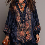 Retro Zip-up Collar Leopard Print Floral Polyester Satin Mini Dress