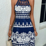 Loose Sleeveless Hollow Printed Split-Joint Halter-Neck Mini Dresses
