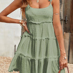 A-Line Loose Jacquard Layered Pleated Solid Color Split-Joint Spaghetti-Neck Mini Dresses