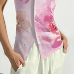 Short Sleeves Skinny Flower Print Split-Front Round-Neck T-Shirts Tops