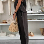 Leva Linen Blend Drawstring Short Sleeve Top and Elastic Waist Pocket Loose Tapered Pants