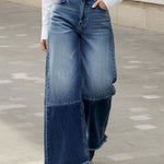 High Waisted Wide Leg Contrast Color Fringed Split-Joint Jean Pants Bottoms