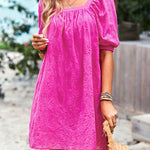 Loose Puff Sleeves Jacquard Solid Color Square-Neck Mini Dresses