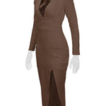 Bodycon Elasticated Waist Pleated Solid Color Split-Joint Split-Side Deep V-Neck Midi Dresses