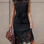Loose Sleeveless See-Through Solid Color Split-Joint Tied Waist Lapel Midi Dresses Shirt Dress