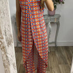 Retro Print Casual Split Top Two-Piece Set