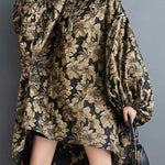 A-Line High-Low Elasticity Flower Print Jacquard Round-Neck Midi Dresses