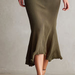 Quiet Luxury Olive Ribbed Knit Midi Dress With Flared Hem