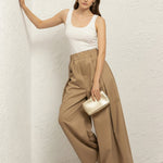 Elasticated Waist High Waisted Pleated Pockets Solid Color Pants