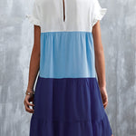 Loose Ruffle Sleeves Contrast Color Falbala Pleated Split-Joint Round-Neck Mini Dresses