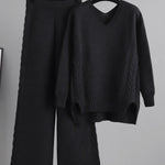 Stylish Loose Long Sleeves Solid Color V-Neck Sweater Tops& Wide Leg Pants Two Pieces Set