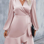 High Waisted High-Low Elasticity Pleated Solid Color Split-Joint Tied V-Neck Mini Dresses