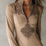 Vintage Beige Zip-Up Embroidered Microsuede Mini Dress With Pockets