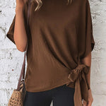 Solid Color Batwing Sleeve Hem Knotted Loose T Top