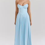 Strapless Cinch Waist Pleated Maxi Dresses-Blue [Pre Order]