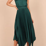 Luxe Look Satin Pleated Halter Elastic Waist Midi Dress