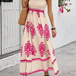 A-Line Loose Elasticity Pleated Printed Split-Joint Square-Neck Maxi Dresses