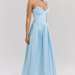 Strapless Cinch Waist Pleated Maxi Dresses-Blue [Pre Order]