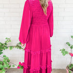 Shirred V Neck Long Sleeve Velvet Dress