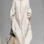 Loose Round-neck Button-front Double-pocket Cotton Long-sleeved Midi Dress