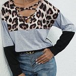 women's long sleeve leopard print stitching t-shirt