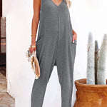 One word pleated pure color fashion jumpsuit