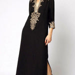 Loose Three-Quarter Sleeves Contrast Color Printed Split-Joint Split-Side V-Neck Maxi Dresses