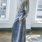 High Waisted Loose Printed Split-Joint Jean Pants Bottoms