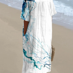 Vintage Japanese Art Jellyfish Print V-Neck Loose Holiday Dress