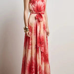 Floral Print One Shoulder Waist Tie Full Hem Resort Style Maxi Dress