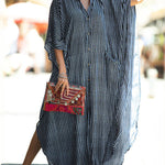 Batwing Sleeves Half Sleeves Buttoned Pockets Striped Round-Neck Beach Cover-Up Maxi Dresses