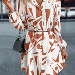Loose Puff Sleeves Printed Split-Joint Lapel Mini Dresses Shirt Dress