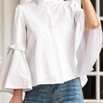 Flared Sleeves Long Sleeves Buttoned Pleated Solid Color Split-Joint Stand Collar Blouses&Shirts Tops