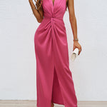 Loose Sleeveless Pleated Split-Front Split-Joint V-Neck Maxi Dresses