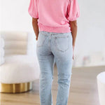 V Neck Short Sleeves Bow Knot Knit Top