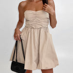 A-Line High Waisted Elasticity Pleated Pockets Solid Color Tube Mini Dresses