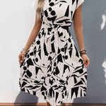High Waisted Sleeveless Abstract Printed Contrast Color Pleated Polka-Dot Split-Joint Tied Waist Round-Neck Midi Dresses