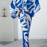 Original Batwing Sleeves Long Sleeves Contrast Color Printed Pleated V-Neck Midi Dresses