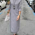 Jollie Knit Long Sleeve Front Slit Midi Sweater and Pleated Tulle Stretch Tank Midi Dress Two-piece Set