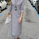 Jollie Knit Long Sleeve Front Slit Midi Sweater and Pleated Tulle Stretch Tank Midi Dress Two-piece Set