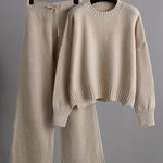Urban Loose Long Sleeves Solid Color Round-Neck High-Low Sweater Tops & Wide Leg Pants Suits