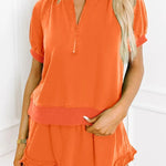 Women's Casual Puff Sleeve Top and Ruffle Shorts Set