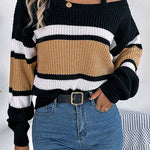 Striped Contrasting Metal Buckle Loose Long-sleeved Knitted Sweater