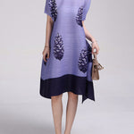 A-Line Loose Flower Print Pleated Round-Neck Midi Dresses