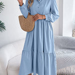 High Waisted Long Sleeves Pleated Ruffled Solid Color Lapel Midi Dresses Shirt Dress