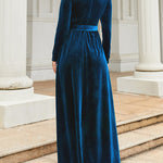 Long Sleeves Wrap Belted Pleated Solid Color Zipper Round-Neck Maxi Dresses